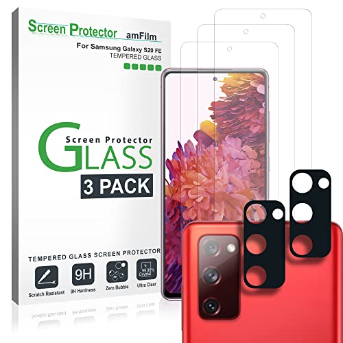 amFilm (3+2 Pack) Tempered Glass Screen Protector and Camera Lens Protector for Samsung Galaxy S20 FE(Fan Edition 5G 2020) 6.5'' with Easy Installation Handles, HD Clear, Anti-Scratch Bubbles-Free