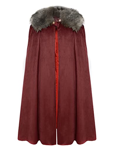 MSOrient Men's Renaissance Faux Fur Collar Viking Cape Cloak Medieval Steampunk Cape King Lord Robe Halloween Costume - X-Large - Red
