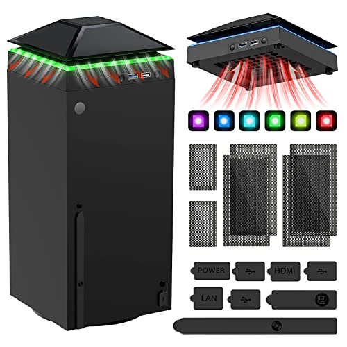 Cooling Fan Dust Proof for Xbox Series X Console with Colorful Light Strip,MENEEA Dust Cover Filter,Rubber Dust Plugs,Low Noise Top Fan with 3 Gears,Cooler&Light Independent Touch Switch,2 USB Port