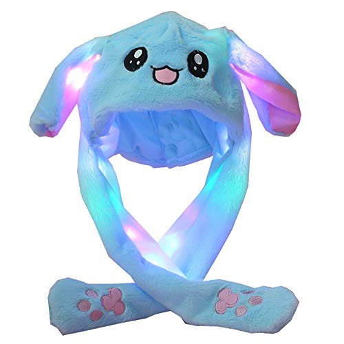 YEKEYI LED Glowing Ear Moving Jumping Rabbit Hat Animal Hat Pop Up Ears Plush Bunny Hat Cap for women Girls - Led Blue