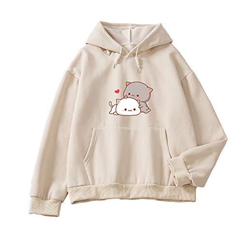 Women Kawaii Cartoon Cute Cat Graphic Casual Cotton Pullover Hoodies Sweatshirt - Small - Apricot