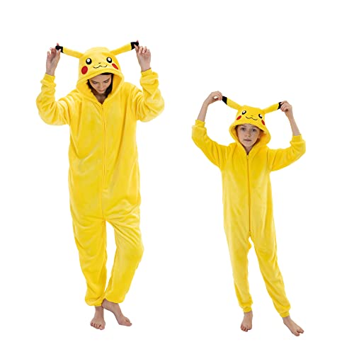 Pikachu Snug Fit Unisex Adult Onesie Pajamas, Flannel Cosplay Cartoon One Piece Halloween Costume hooded Sleepwear Homewear - Small - Yellow