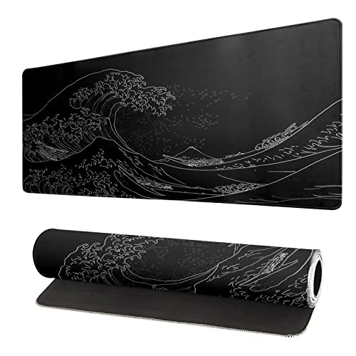 Brecoy Japanese Sea Wave Large Mouse Pad, Anime Black Gaming, Extended Kanagawa Mat Desk Pad, 3mm Thick Long Non-Slip Rubber Base Mice Pad, 31.5 X 11.8 Inch - Black Wave of Kanagawa