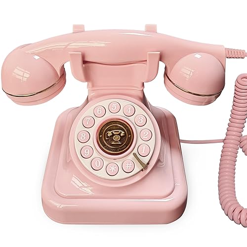 FiayaCom Vintage Landline Phone, Classic Exterior Design, Retro Desk Corded Dial Telephone, with Redial Function, Clear Sound for Home School Office（Sakura Pink） - Sakura Pink