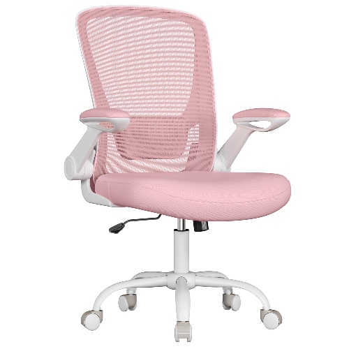 SONGMICS Ergonomische Canvas Bureaustoel, Fauteuil, Gewatteerde Lendesteun, Schommelmechanisme, 53 cm Brede Zitting, Opklapbare Armleuningen, Candy roze OBN037R01 - Pastelroze
