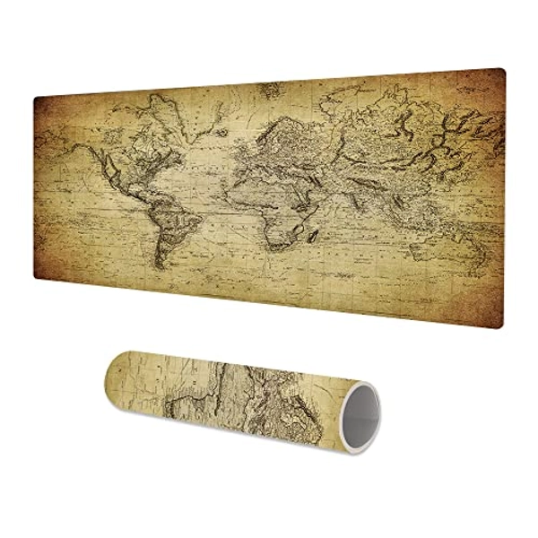 QiyI Large Gaming Desk Pad, Waterproof PU Leather Desk Mat, Antique Art XXL Laptop Keyboard Mouse Pad, Brown Desk Cover Protector Home Office Décor, Extended Size 31.5" x 15.7" - Vintage World Map