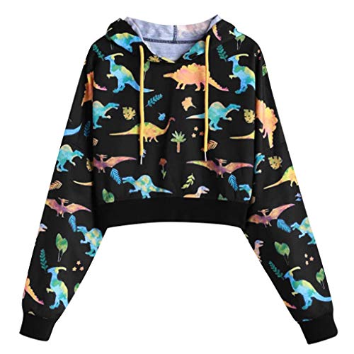 SALUCIA Hoodie Damen Bunt Dino Muster Bauchfrei Pullover mit Kapuze Mode Kapuzenpullover Sweatshirt Langarmshirt Oberteile Crop Top ohne Taschen - M - Schwarz