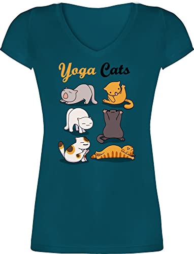 Shirtracer - T-Shirt Damen V Ausschnitt - Sprüche Statement - Yoga Cats - XL - 1 Türkis