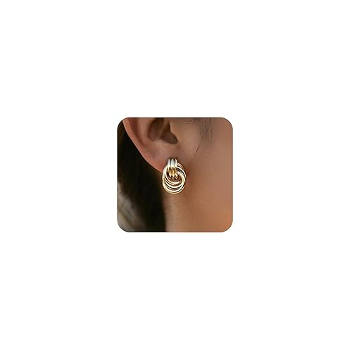 shinelab 14K Gold Plated Chunky Gold Earrings for Women Knot Link Circle Geometric Drop Dangle Earrings Studs Trendy Jewelry - Tri-Twisted-Gold