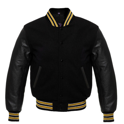 Varsity Letterman Baseball Black Wool &amp; Leather Sleeves Jacket, yellow Black Rib