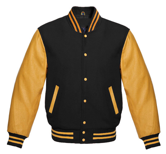Men&#039;s Varsity Letterman Baseball Black Wool &amp; Pure Golden Leather Sleeves Jacket
