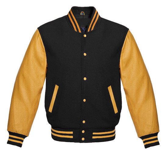Men's Varsity Letterman Baseball Black Wool &amp; Pure Golden Leather Sleeves Jacket