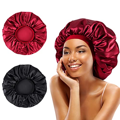 Facynos Large Women Silk Satin-Bonnet - Extra Soft Elastic Band Sleeping Caps for Curly Dreadlock Braid Hair - Black & Red