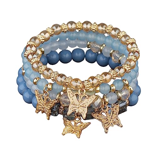 4Pcs Set Bohemian Butterfly Crystal Stone Stretch Pendant Bracelets for Women Girls Gold Beaded Stackable Stretch Bracelet Colorful Charm Jewelry Boho Summer Beach - blue