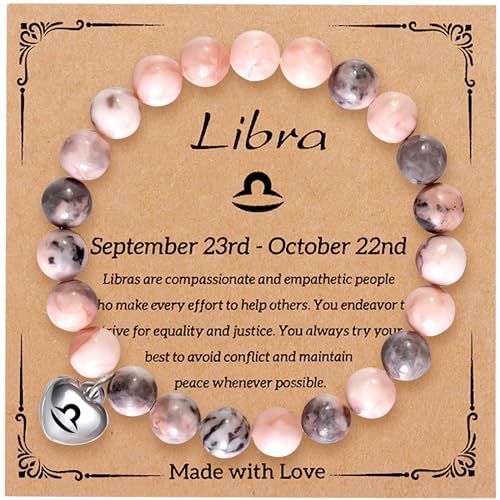 CowCity Zodiac Bracelets for Women Girls, 8mm Natural Stone Womens Beaded Bracelets Best Friend Sister Girlfriend Birthday Christmas Sweet Zodiac Gifts for Women Teen Girls - Libra