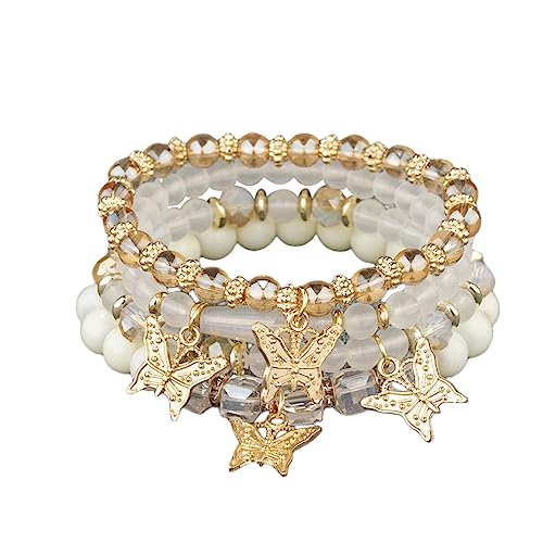 4Pcs Set Bohemian Butterfly Crystal Stone Stretch Pendant Bracelets for Women Girls Gold Beaded Stackable Stretch Bracelet Colorful Charm Jewelry Boho Summer Beach - white