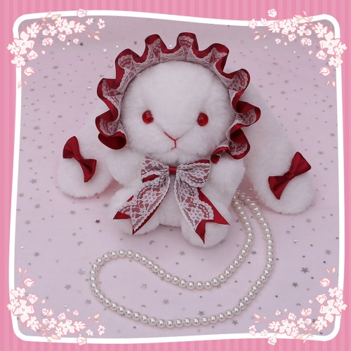 Easter Rabbit Crossbody Bag with Lace Bow - Plush Lolita - Burgundy