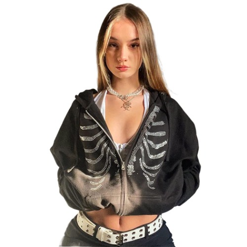 Women Zip Up Hoodie Rhinestone Skeleton Goth Clothes Vintage Oversized Sweatshirt Print Jacket Streetwear Coat - C-rhinestone Skeleton Medium