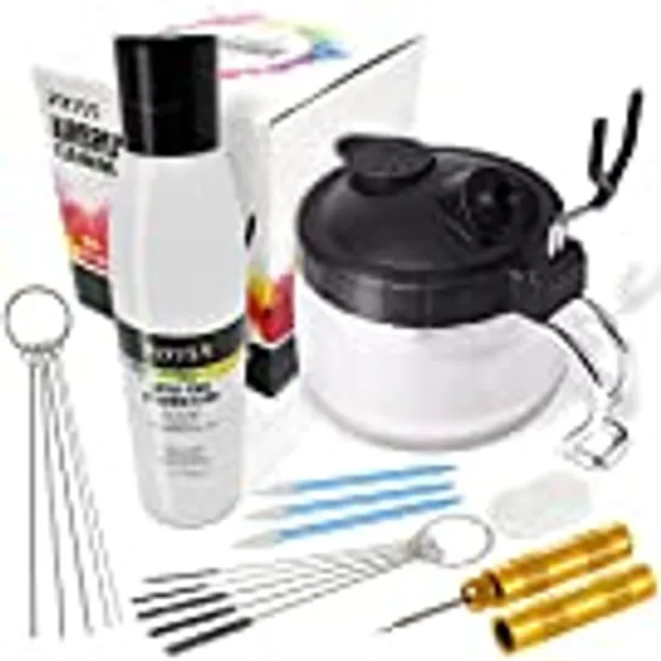 Airbrush Cleaning Kit Brush Cleaner Solution - Airbrush Clean Pot Glass Cleaning Jar with Holder, Air Brush Cleaner and Thinner, 5pc Cleaning Needles, 5pc Cleaning Brushes, 1 Wash Needle, 2 Filters