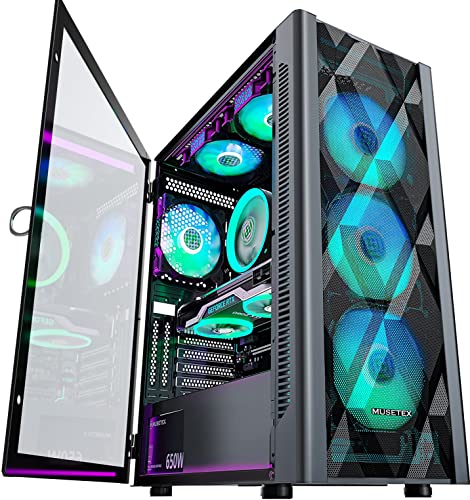 MUSETEX ATX PC Case Pre-Install 6 PWM ARGB Fans, Polygonal Mesh Computer Gaming Case, Opening Tempered Glass Side Panel Mid-Tower Case, USB 3.0 x 2, Black, NN8 - NN8 Case