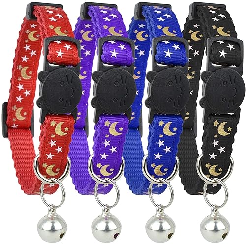 Cat Collar Stars and Moon, 4-Pack, Reflective with Bell, Solid & Safe Collars for Cats, Nylon, Kitty Collars, Pet Collar, Breakaway Cat Collar - Black, Red, Blue, Purple