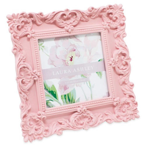 Laura Ashley 4x4 Pink Ornate Textured Hand-Crafted Resin Picture Frame with Easel & Hook for Tabletop & Wall Display, Decorative Floral Design Home Décor, Photo Gallery, Art, More (4x4, Pink)