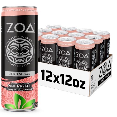 ZOA Energy Drink, White Peach 12 Fl Oz - Zero Sugar, Vitamins, Antioxidants, Electrolytes, Natural Caffeine - Gluten Free & Keto Friendly (Pack of 12) - White Peach 12 Fl Oz (Pack of 12)