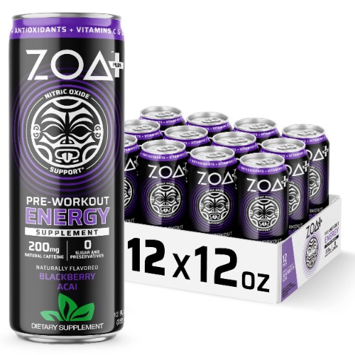 ZOA Plus Sugar-Free Pre-Workout Drink, Ready to Drink with Nitric Oxide, Vitamin B, C and D, 200mg Natural Clean Caffeine, BlackBerry Acai 12 Fl Oz, Pack of 12 - Blackberry Acai