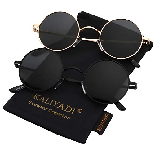 KALIYADI Round Polarized Sunglasses for Men Women Retro Metal Hippie Circle Style Sun Glasses UV Protection - B12-black Frame Black Lens + Golden Frame Black Lens - 45 Millimeters