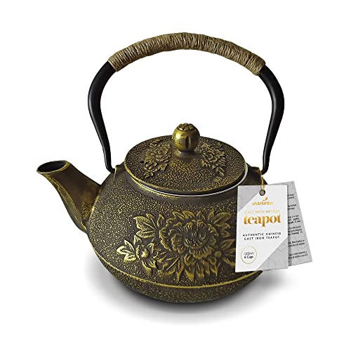 Black and Gold Cast Iron Teapot by Charbrew 1200ml Tea Pot Kettle - Gold 1200ml
