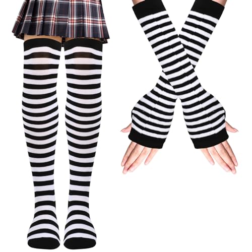 Mayoii Thigh High Socks Fingerless Gloves Set, Long Socks for Women Girls Arm Leg Warmer - Black and White Stripes - M-L