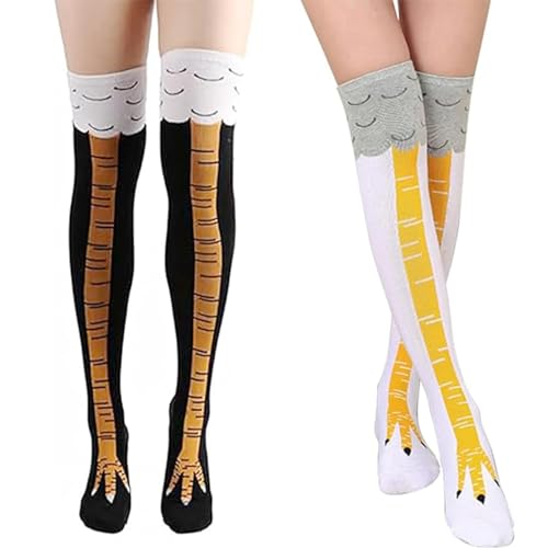 2 Pair Chicken Legs Socks, Chicken Feet Stockings, Funny Chicken Legs Socks, Cotton Knee Thigh High Socks Novelty Pattern, for Women Girls Children, Striped Cosplay Stockings Funny Gifts