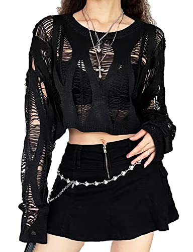 Vinsekep Women's See Through Hole Ripped Crop Tops Knit Pullover Short Sweaters - Black - One Size