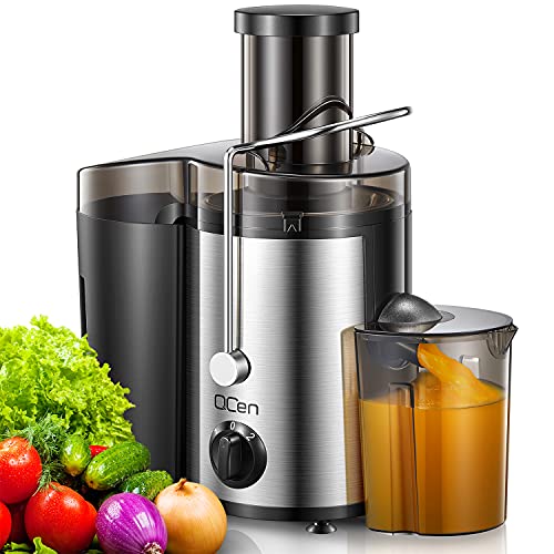 Qcen Juicer Machine, 500W Centrifugal Juicer Extractor with Wide Mouth 3” Feed Chute for Fruit Vegetable, Easy to Clean, Stainless Steel, BPA-free (Black) - 500W - Black