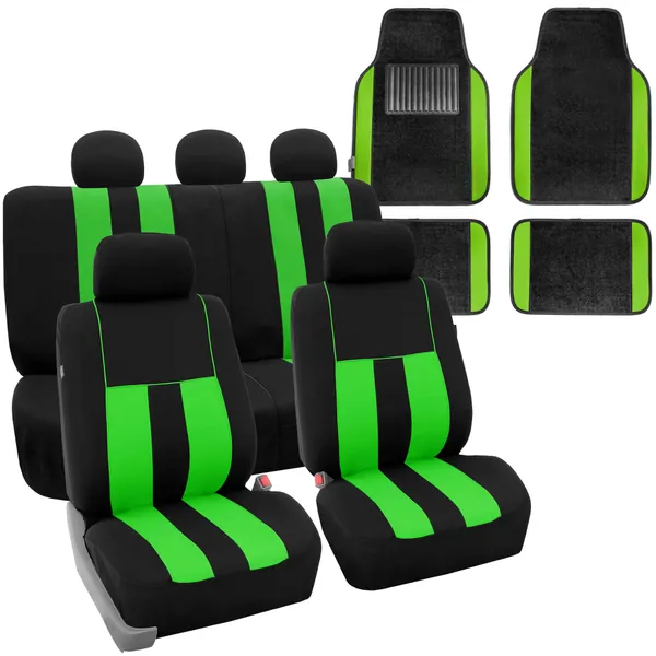 FH Group Striking Striped Car Seat Covers Full Set , Airbag and Split Ready with Carpet Floor Mats – Universal Fit for Cars Trucks & SUVs- Green / Black