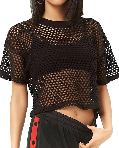 CLOZOZ Women's Mesh Cover Up See Through Fishnet T-Shirt Crop Top - Large 1-black