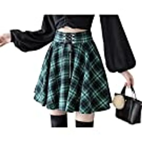 Lunoakvo Women's High Waisted Short A-line Flare Gothic Mini Black Red Plaid Pleated Skirt Dress