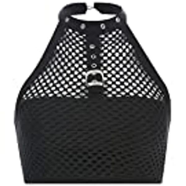 Dark Punk Crop Top with Chains Women Punk Off Shoulder Hollow Out Solid Backless Tops