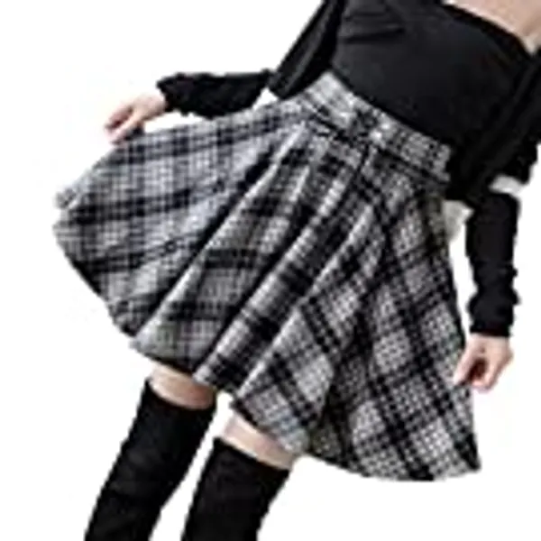 Lunoakvo Women's High Waisted Short A-line Flare Gothic Mini Black Red Plaid Pleated Skirt Dress