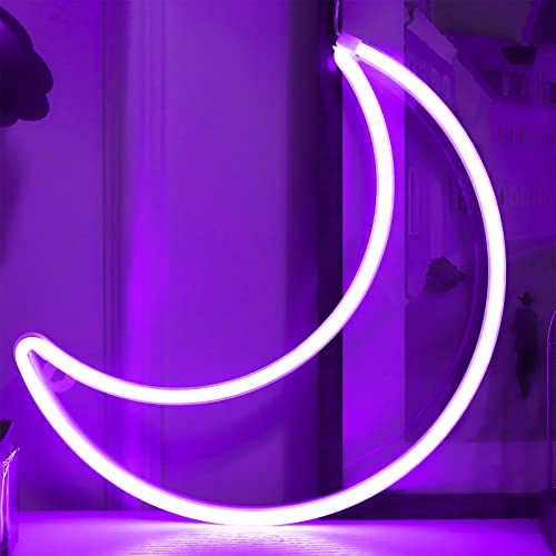 LED Purple Moon Neon Light, Cute Neon Moon Sign,Halloween Room Decor Battery or USB Powered 5V Art LED Decorative Lights Night Lights Indoor for Home, Bedroom, Office,Dorm,Party (Purple Moon) - Purple