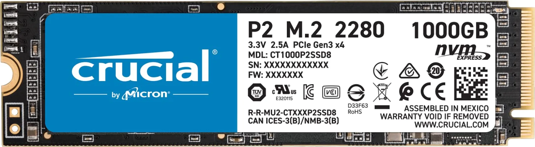 Crucial CT1000P2SSD8 P2 1000GB 3D NAND NVMe PCIe M.2 Internal SSD, 1 TB