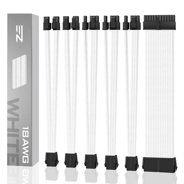 EZDIY-FAB PSU Cable Extension Sleeved Custom Mod GPU PC Power Supply Soft Nylon Braided with Comb Kit 24PIN/3x 8PIN to 6+2Pin/ 2X 8PIN to 4+4PIN-300MM/11.8in - White