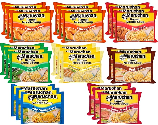 Maruchan Ramen Noodle Soup Variety, 7 Flavors, 3 Ounce Single Servings (Pack of 24) with Chopsticks - Chili, Beef, Chicken, Pork, Soy - 28 Piece Set