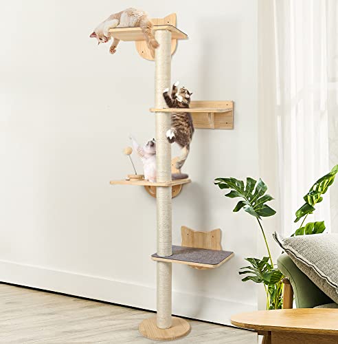 4 Tier 63 Inch Tall Wall Mounted Cat Furniture with 2pcs Non-Slip Carpet, Sisal Scratching Post and Cat Shelves Perch with Wood Track Toy Ball, Cat Climbing Tree Tower for Indoor Middle Large Kitten - #63inch