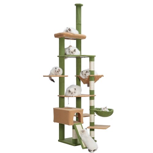 Hebly Cat Tree 92.5-104.3 Inches with Hammock, Floor to Ceiling Cactus Cat Condo,Tall Cat Climbing Tower Adjustable with Scratching Posts for Indoor Cats Green Yellow HCT091GM - 15.8"L x 15.8"W x 104.3"H - Green Beige