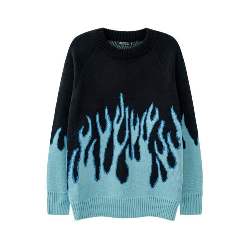 Flame Pattern Knitted Pullover Sweater - Blue / XL - Bust 67 cm