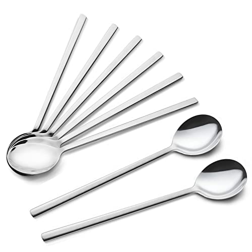 IQCWOOD Spoons, 8 Pieces Stainless Steel Korean Spoons,8.5 Inch Soup Spoons, Korean Spoon with Long Handles, Rice Spoon, Asian Soup Spoon for Home, Kitchen, or Restaurant - Silver