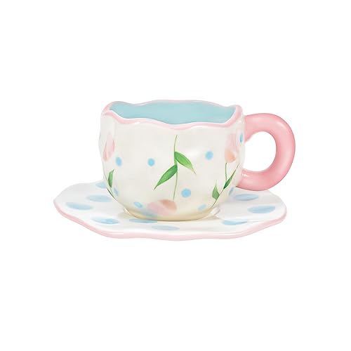 Koythin Ceramic Coffee Mug with Saucer Set, Cute Creative Pink Tulip Design for Office and Home, Dishwasher and Microwave Safe, 10 oz/300 ml for Latte Tea Milk