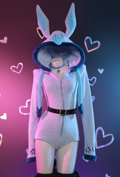 PM Derivative Fluffy Bodycon Romper Blue Furry Lingerie Hooded Bodysuit Jumpsuit Homewear with Tail Belt and Socks