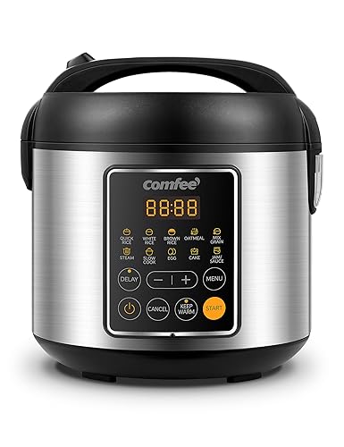 COMFEE' Compact Rice Cooker, 10-in-1 Stainless Steel Multi-Cooker, Quick Rice Maker, Slow Cooker, Steamer and Warmer, 2 Quarts, 8 Cups (Cooked) / 4 Cups (Uncooked), 12 Presets - 10 Presets_4 Cups Uncooked